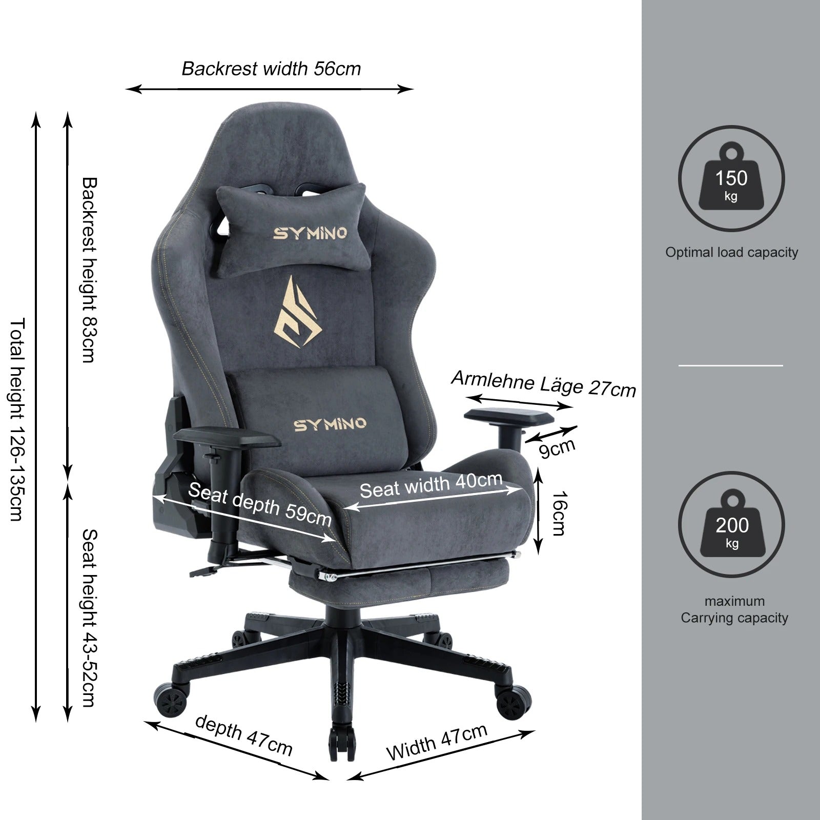 Hydrix® Gaming Stoel met Voetsteun - Gaming Chair - Grijs - Ergonomisch - Verstelbaar Lendenkussen - Hoofdsteunkussen - 56x47x126-135